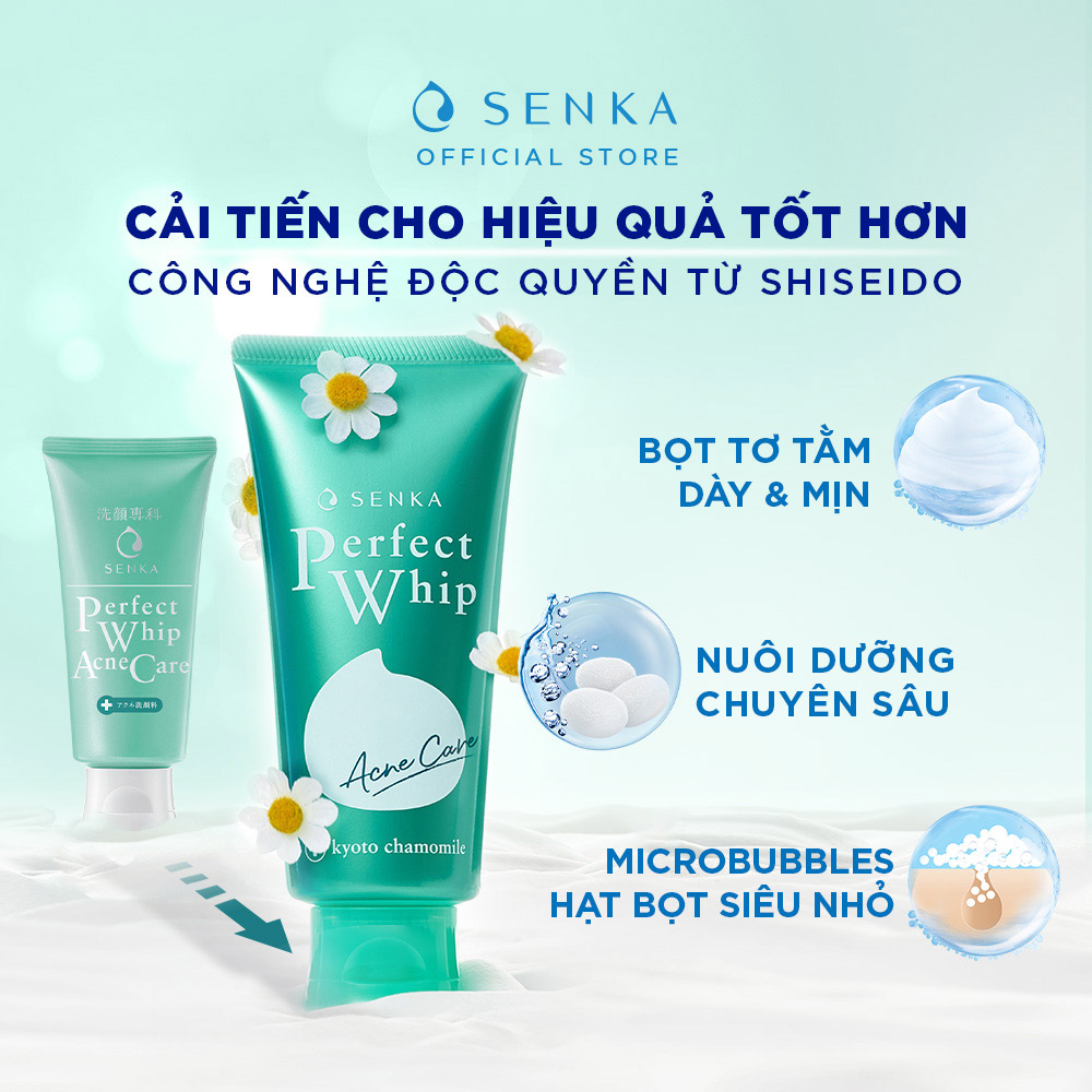 Sữa rửa mặt cho da mụn Senka Perfect Whip Acne Care được chiết xuất từ hoa cúc Kyoto có tác dụng kháng khuẩn rất hiệu quả, cung cấp độ ẩm cho da và làm cho làn da luôn mịn màng, săn chắc
