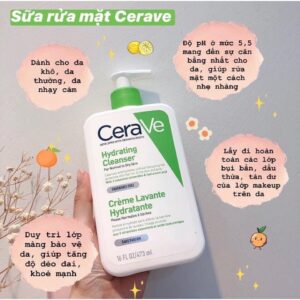 Sữa rửa mặt dùng cho da khô Cerave Hydrating Cleanser For Normal To Dry Skin giúp duy trì độ ẩm cho da, ngăn ngừa sự lão hóa da